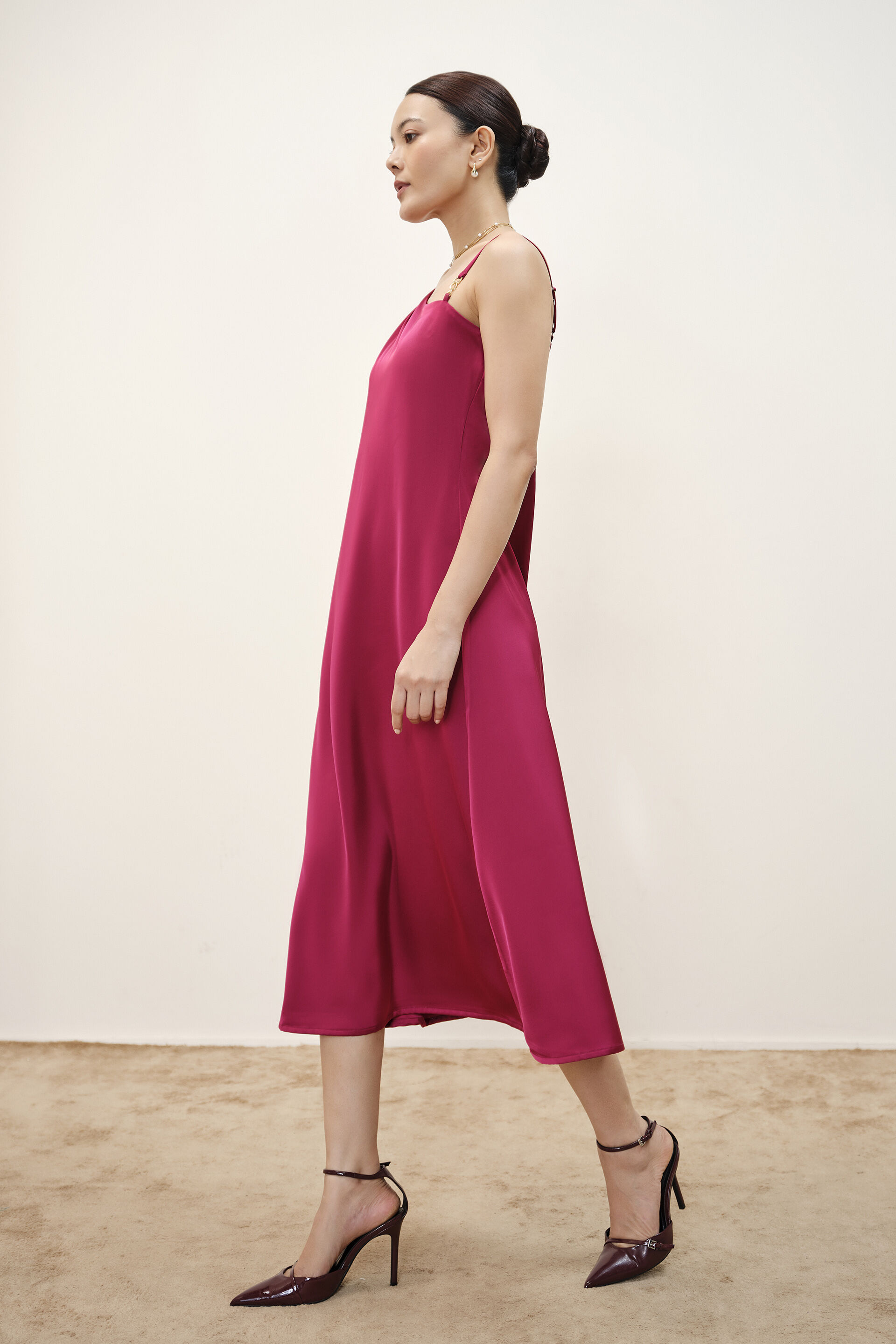 Wine One-Shoulder Satin Dress, Wine, image 5